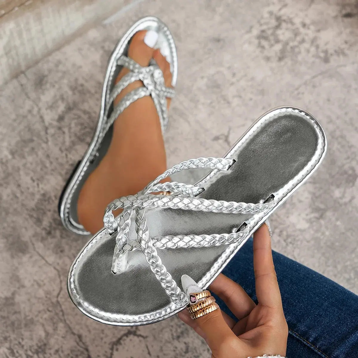 Women Square Toe Slippers Fashion Ladies Fashion Flip Flops Woman Clip Toe Slides Flats Female Comfortable Beach Shoes Women Natalia Home Fashion   Silver-39 Natalia Home Fashion