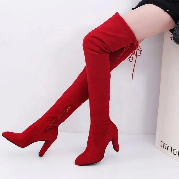 Women boot Faux Suede Women Over The Knee Boots Lace Up Sexy High Heels Shoes Woman Female Slim Thigh High Boots My Store