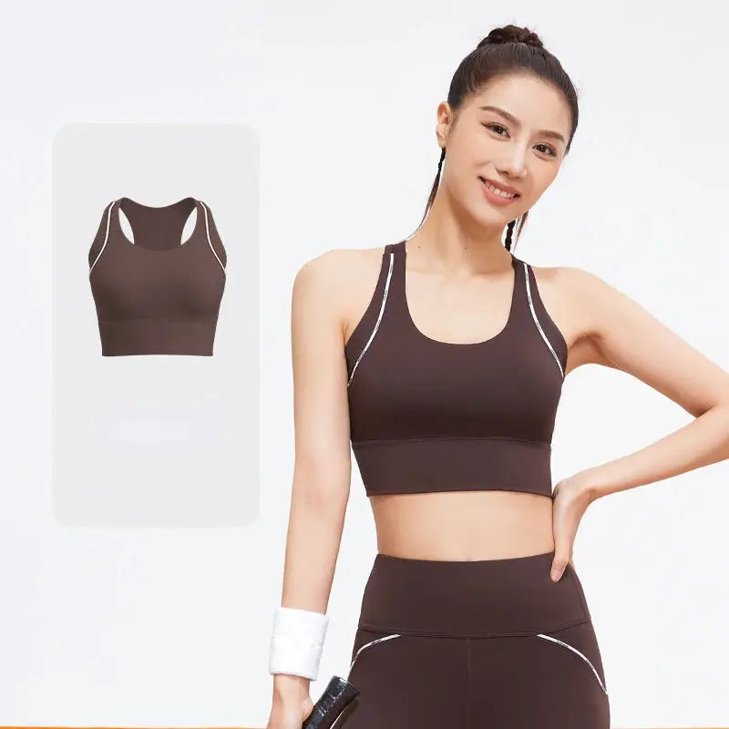 Women's Yoga Set with High-Impact Sports Bra and Tummy Control Yoga Leggings for Fitness Training and Running Natalia Home Fashion   Brown-Top-M Natalia Home Fashion