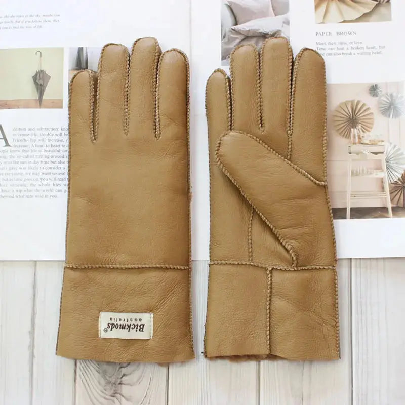 Women's fur Sheep Skin gloves Leather color warm winter wool lining wind and cold gloves Natalia Home Fashion   Yellowish-brown-One-Size Natalia Home Fashion