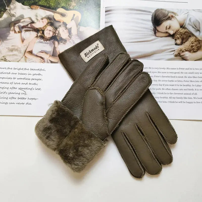 Women's fur Sheep Skin gloves Leather color warm winter wool lining wind and cold gloves Natalia Home Fashion   Olive-green-One-Size Natalia Home Fashion