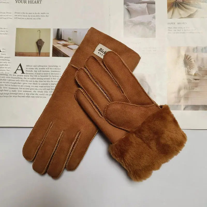 Women's fur Sheep Skin gloves Leather color warm winter wool lining wind and cold gloves Natalia Home Fashion   Yellow-brown-matte-One-Size Natalia Home Fashion