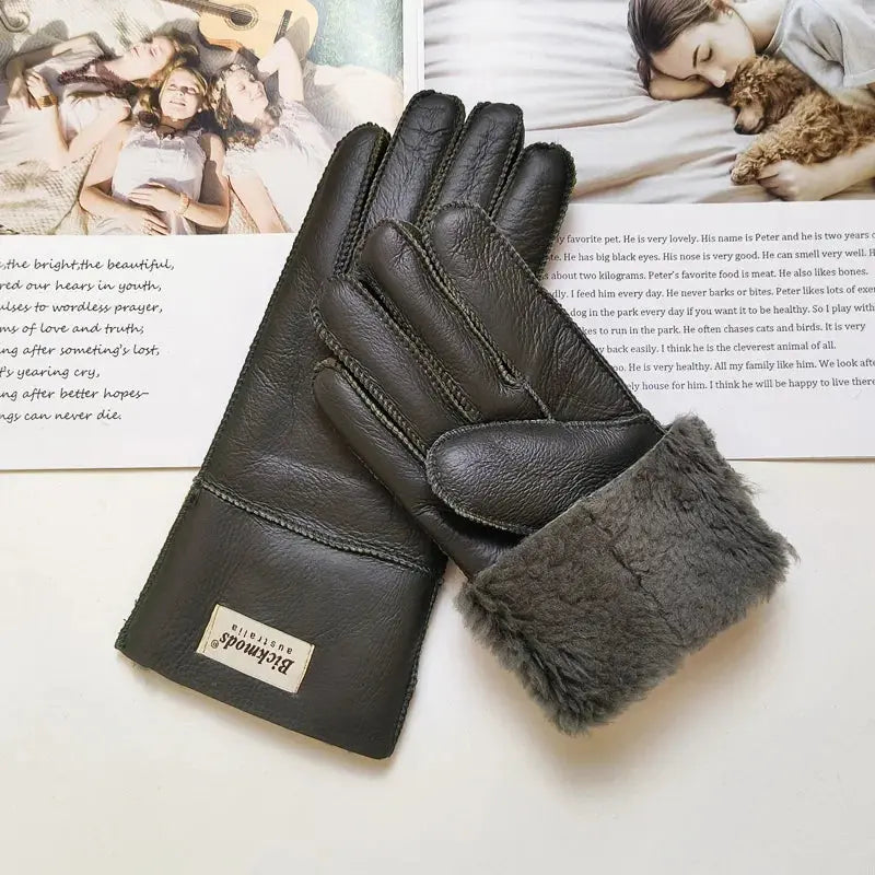 Women's fur Sheep Skin gloves Leather color warm winter wool lining wind and cold gloves Natalia Home Fashion   Grayish-green-One-Size Natalia Home Fashion