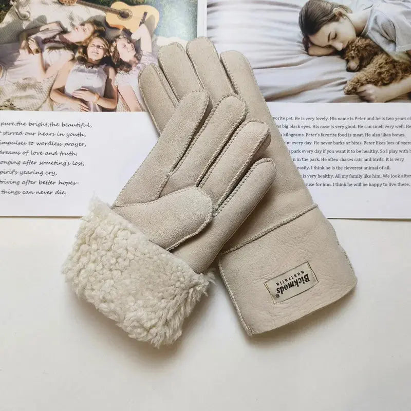 Women's fur Sheep Skin gloves Leather color warm winter wool lining wind and cold gloves Natalia Home Fashion   Ivory-White-matte-One-Size Natalia Home Fashion