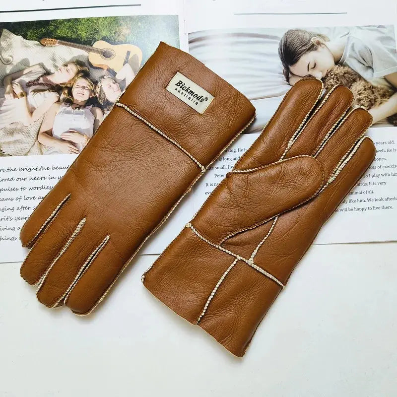 Women's fur Sheep Skin gloves Leather color warm winter wool lining wind and cold gloves Natalia Home Fashion   camel-One-Size Natalia Home Fashion