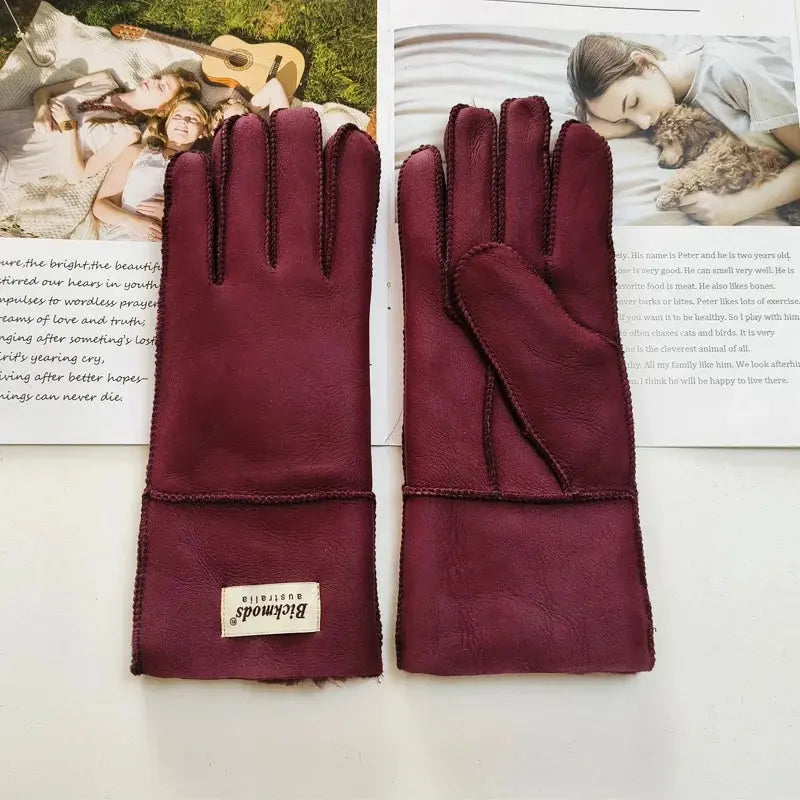 Women's fur Sheep Skin gloves Leather color warm winter wool lining wind and cold gloves Natalia Home Fashion   Rose-Red-One-Size Natalia Home Fashion