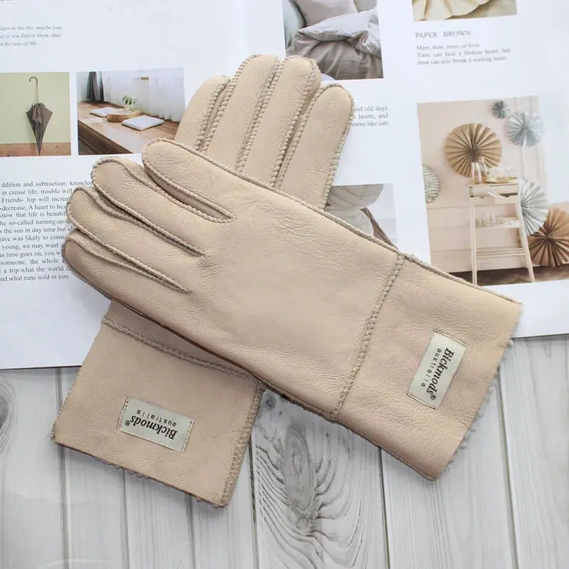 Women's fur Sheep Skin gloves Leather color warm winter wool lining wind and cold gloves Natalia Home Fashion   Beige-One-Size Natalia Home Fashion