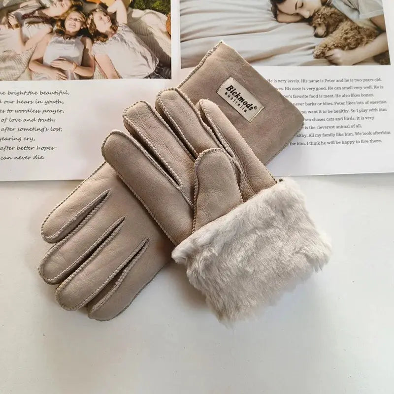 Women's fur Sheep Skin gloves Leather color warm winter wool lining wind and cold gloves Natalia Home Fashion   light-beige-matte-One-Size Natalia Home Fashion