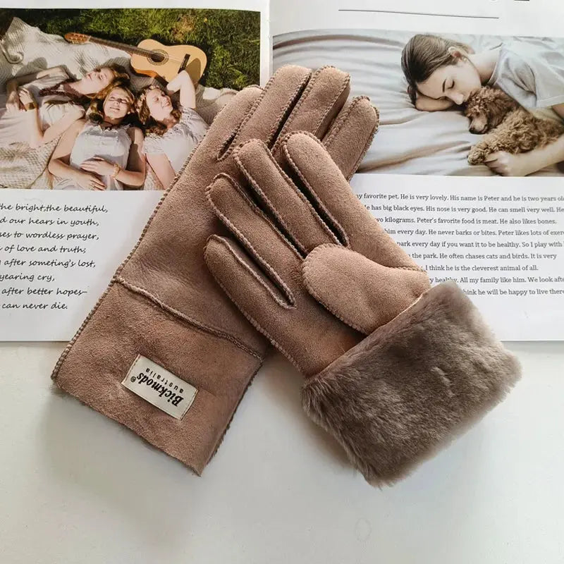 Women's fur Sheep Skin gloves Leather color warm winter wool lining wind and cold gloves Natalia Home Fashion   flesh-colored-matte-One-Size Natalia Home Fashion